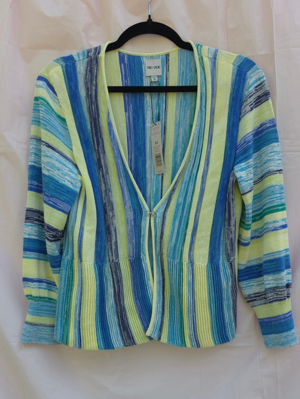 NIC+ZOE Cardigan Women M Blue Multi Striped Cotton Silk Sweater NWT $148